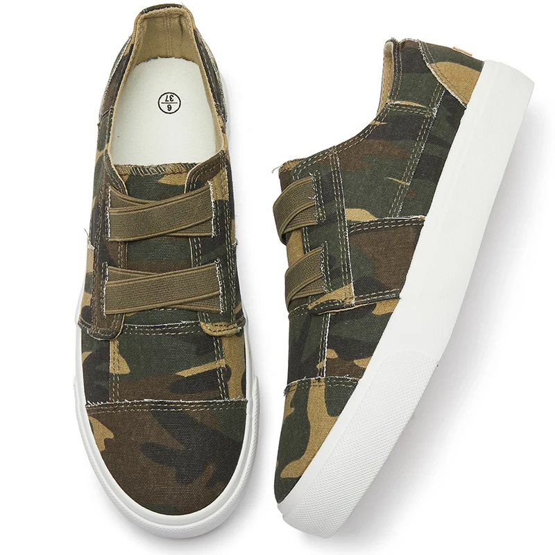 Wholesale Unisex Slip On Camo Elastic Band Canvas Shoes Low Top Round Rubber Sole Canvas Shoes