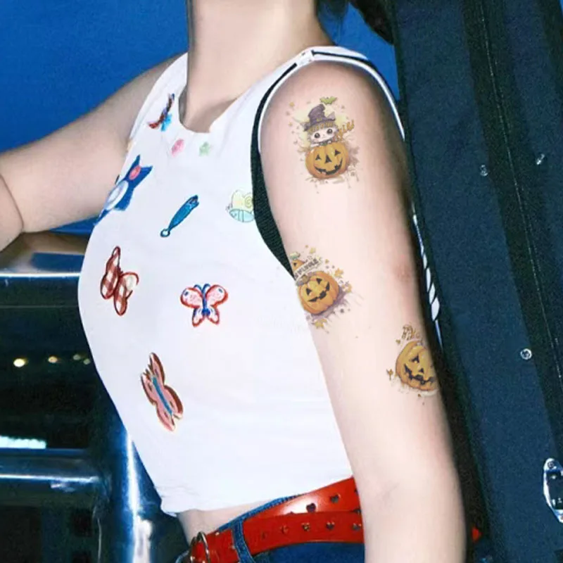 CC Disposable Temporary Halloween Party Waterproof Blood Skull Pumpkin Witch Spider Bat Colorful Cute Men Women Tattoo Sticker