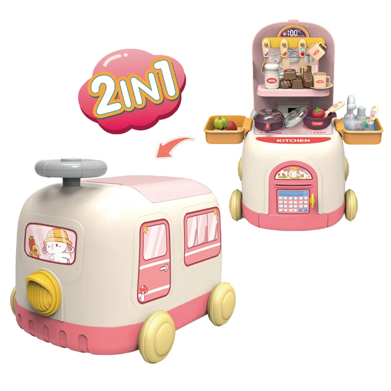 QS Cheap Price Child Role Play House 2 Forms In 1 Mini Cartoon Plastic Storage Train Car Deformation Kitchen Set Toys For Girls