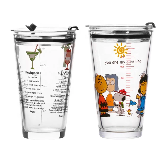 450ml decal printed decoration glass cup mug tumbler with airtight plastic lid with straw portable sipper drinking glassware