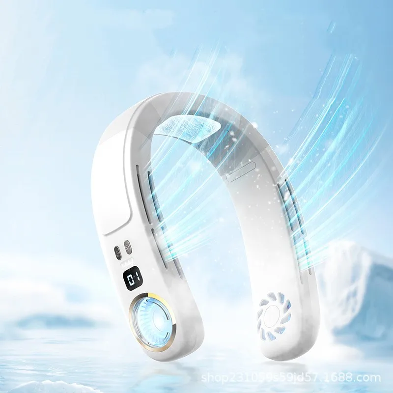 New Design Ice Feel Portable Bladeless Cooling Foldable Neck Hanging Fan USB Charging Rechargeable Wireless Hands Free Neck Fan