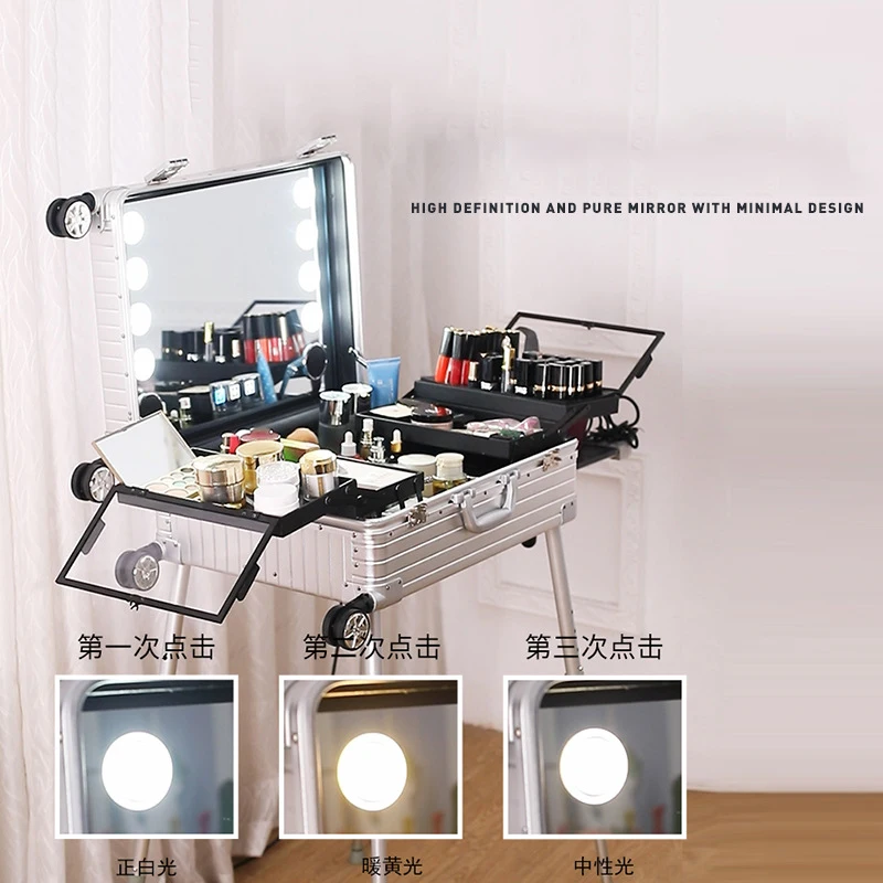 high quality Train Cosmetic case with light bulb Aluminum makeup case Rolling Studio Makeup Artist Cosmetic Case Light Mirror