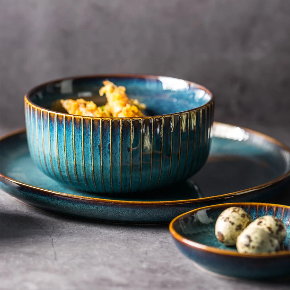 Wholesale Kiln Turned Glaze Blue Creative Personality Nordic Relief Sculpture Coated Metal Round Unique Ceramic Salad Bowl