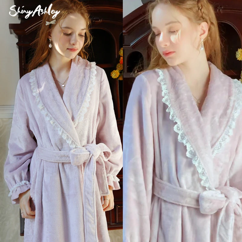 Long bathrobe for autumn-winter Princess with a French superior sense of warm dressing gown for girls with long sleeves pajamas