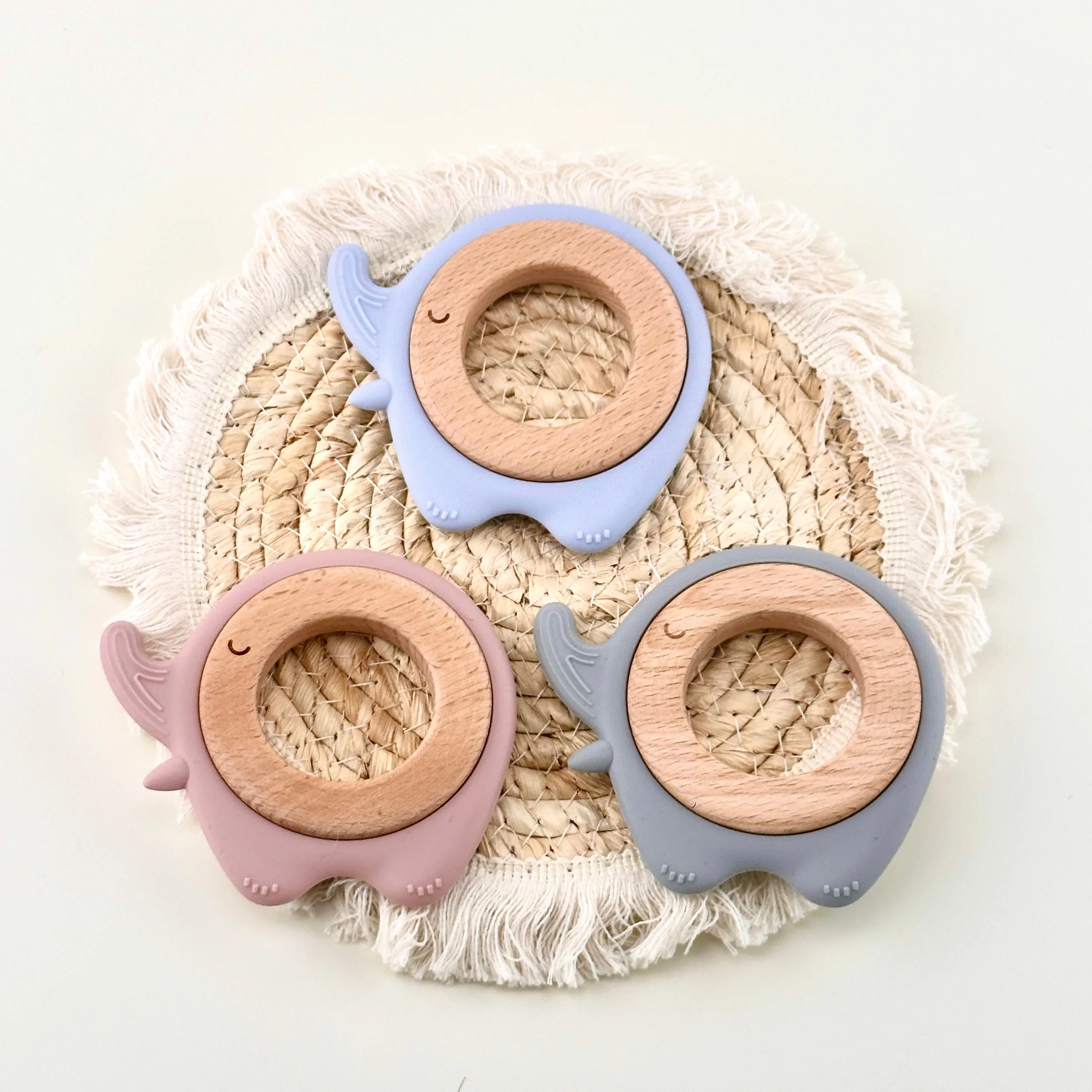 2024 CE Animal Elephant Kid Teether Wood Baby Teether Wooden Teething Ring Baby Chew Toy Silicone Teether For Baby Teething toy