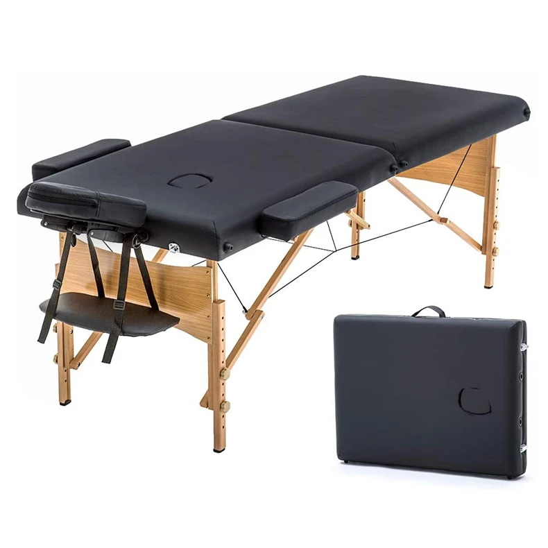 Salon Treatment Furniture Two Folding PU Leather Wooden Leg Portable Spa Table Massage Table Bed With Half Round Bolster