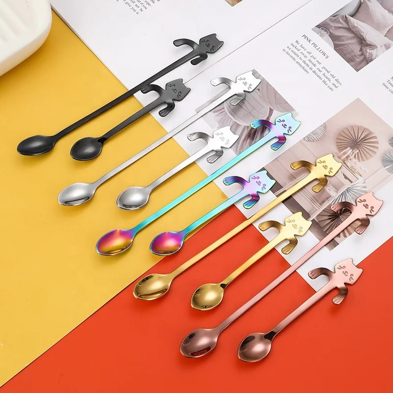 stainless steel small metal edible tiny Lovely cat shape gold cat spoons hanging cup creative dessert coffee tea spoon set