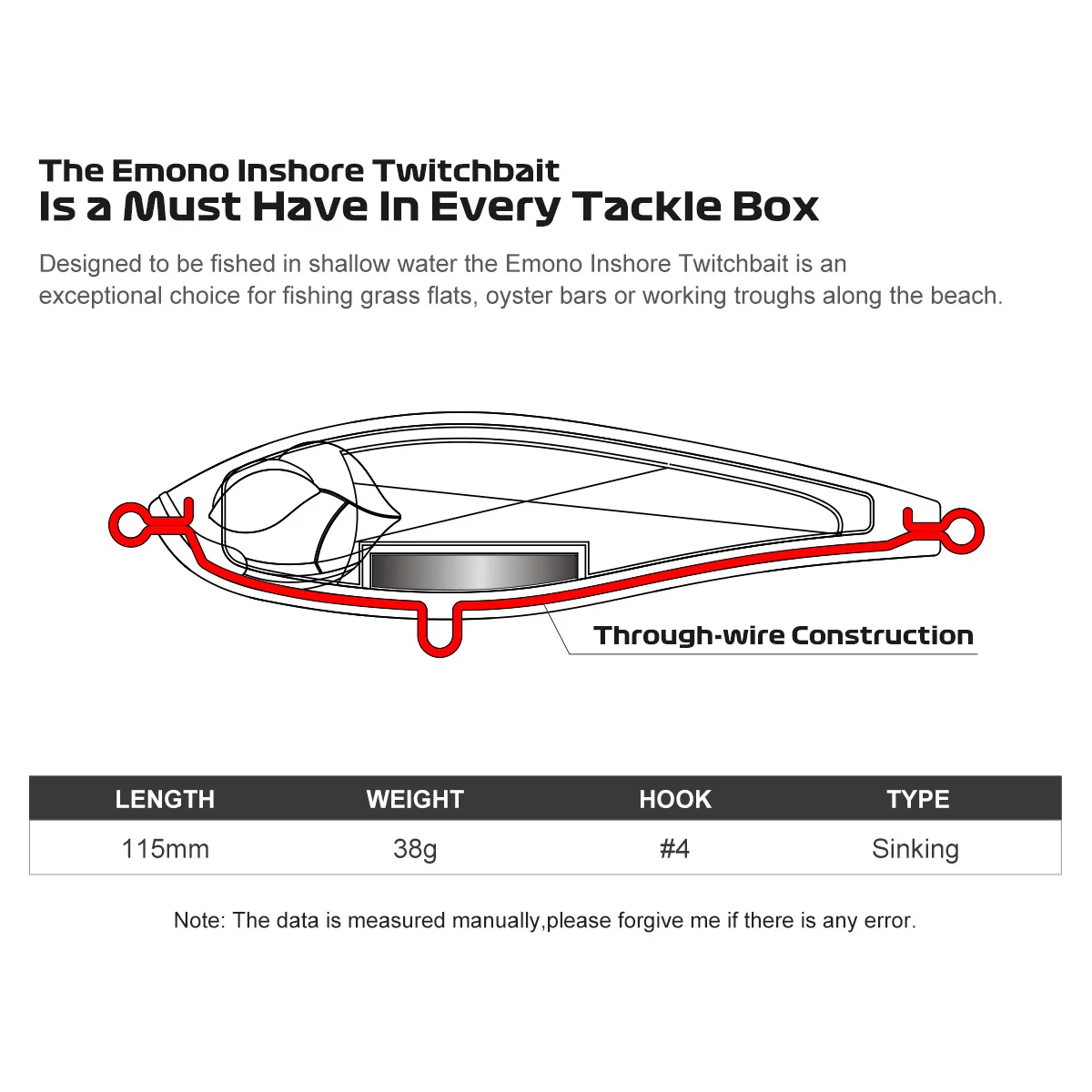 heavy duty Lures dive 38g sinking 4# treble hook saltwater species shallow water inshore twitchbait