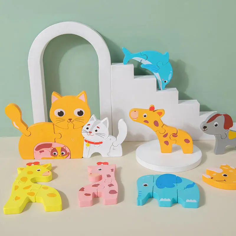 Hot selling wooden children 3D animal puzzle baby cartoon animal puzzle puzzle early education toys
