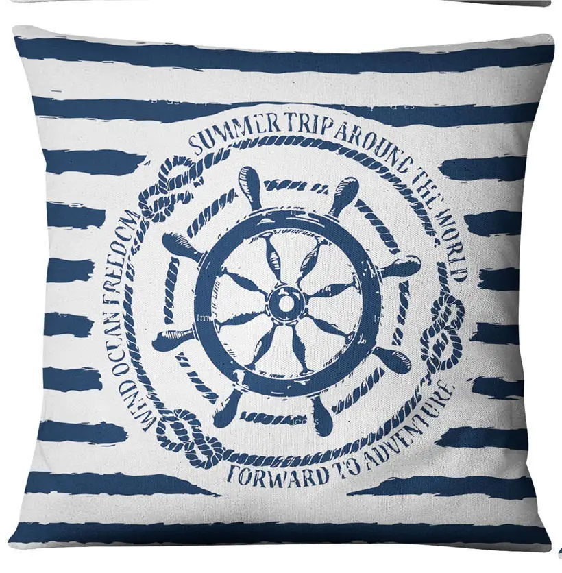 Ocean Nautical Anchor Blue White Striped Square Pillow Covers Linen Cushion Case for Home