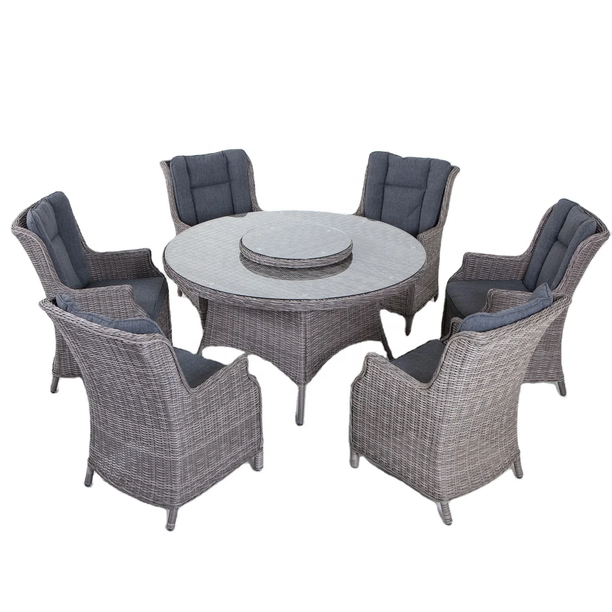 6 Seats Alu Rattan Garden Table and Chair Outdoor Dining Set Furniture with Lazy Susan