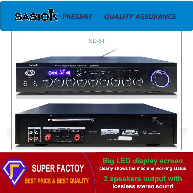 ND81 2.0 channel 160W Mic. echo/delay digital stereo karaoke amplifier with BT/USB/SD/MMC/AUS/FM radio/LED display functions.