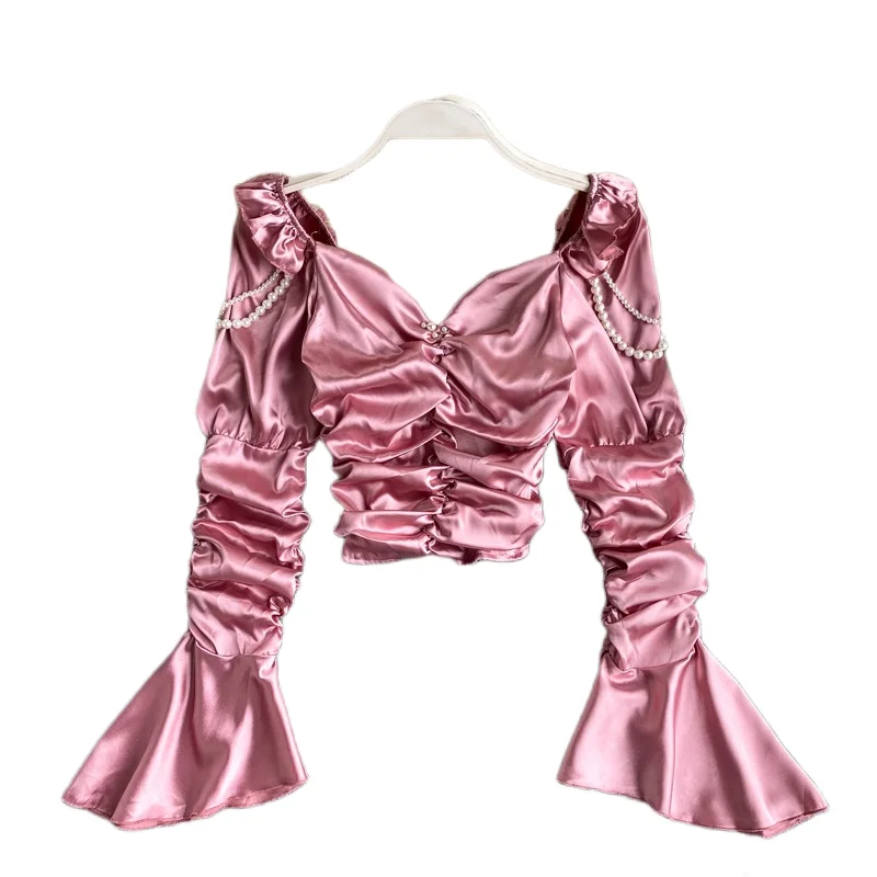 P541 женская обувь Новые Модные женские ботинки на платформе уличные плиссированные короткие сексуальные топы для женщин с квадратным вырезом длинными расклешенными рукавами и жемчугом, рубашка, блузка