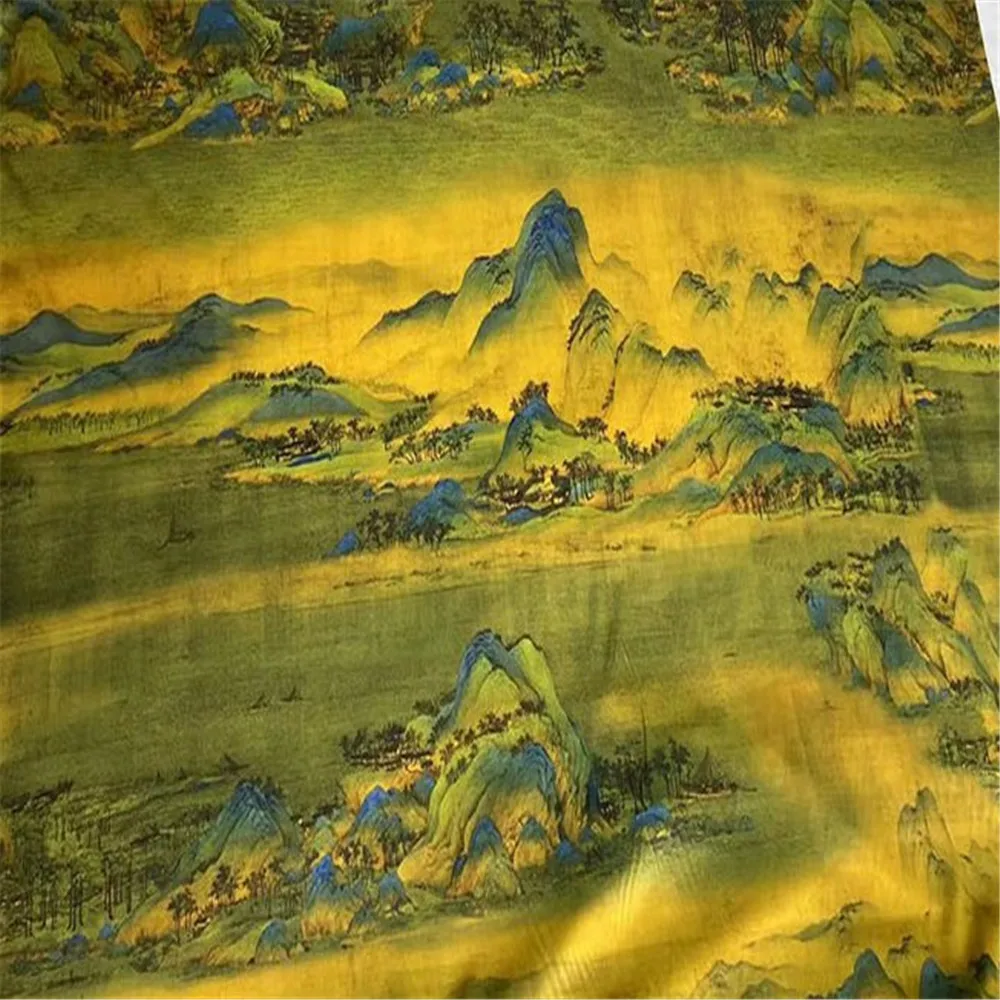 2024 Vintage Chinese Landscape Painting Printed Style Spandex Silk Stretch Satin Fabric for Lady Cheongsam