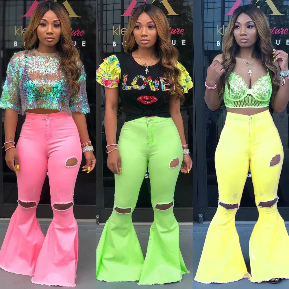 
Новая Европейская и американская пикантная универсальная женская одежда однотонные потертые свободные джинсы большого размера с перфорацией расклешенные брюки 