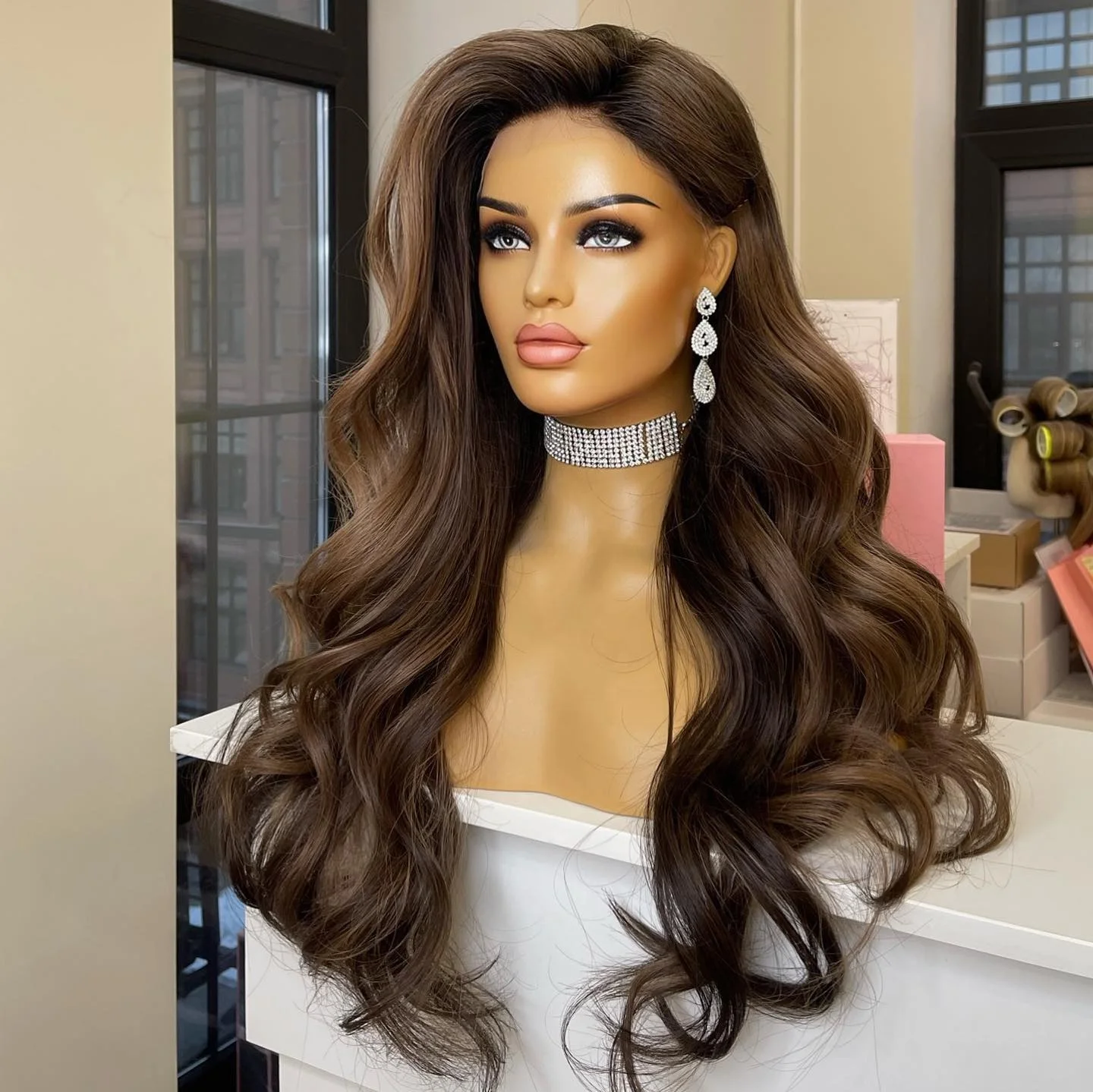 Hign-end custom Chocolate Brown romantic Wave Lace Front Wig Human Hair top quality Wigs For White Women glueless Lace Front Wig