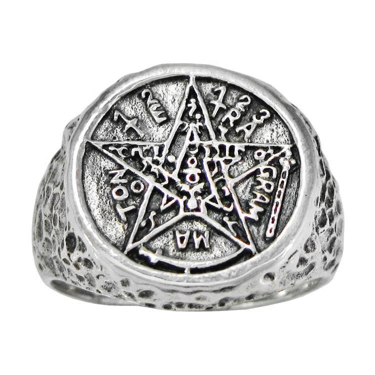 Manufacturer engraved signet yellow gold plated oxidized sterling silver tetragrammaton ring