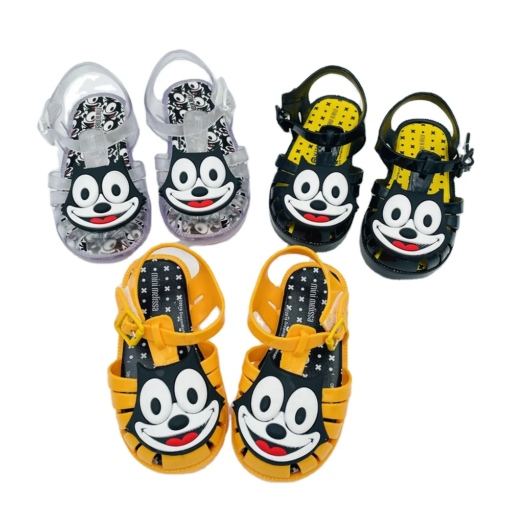 Новая летняя Уличная обувь; Нескользящая подошва; Модные женские римские сандалии; С мультипликационным принтом «головa кота Детские свадебные туфли с украшением в виде кристаллов детская сандалии желеобразного вида