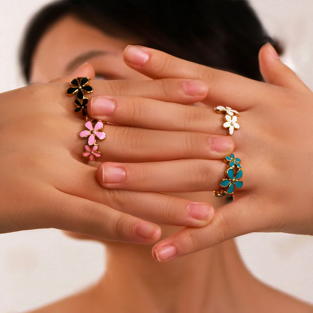 Retro Style Colorful Oil Dripping Flower Daisy Rings 316L Stainless Steel Jewelry Slated 18k Gold PVD Plated Enamel Finger Ring