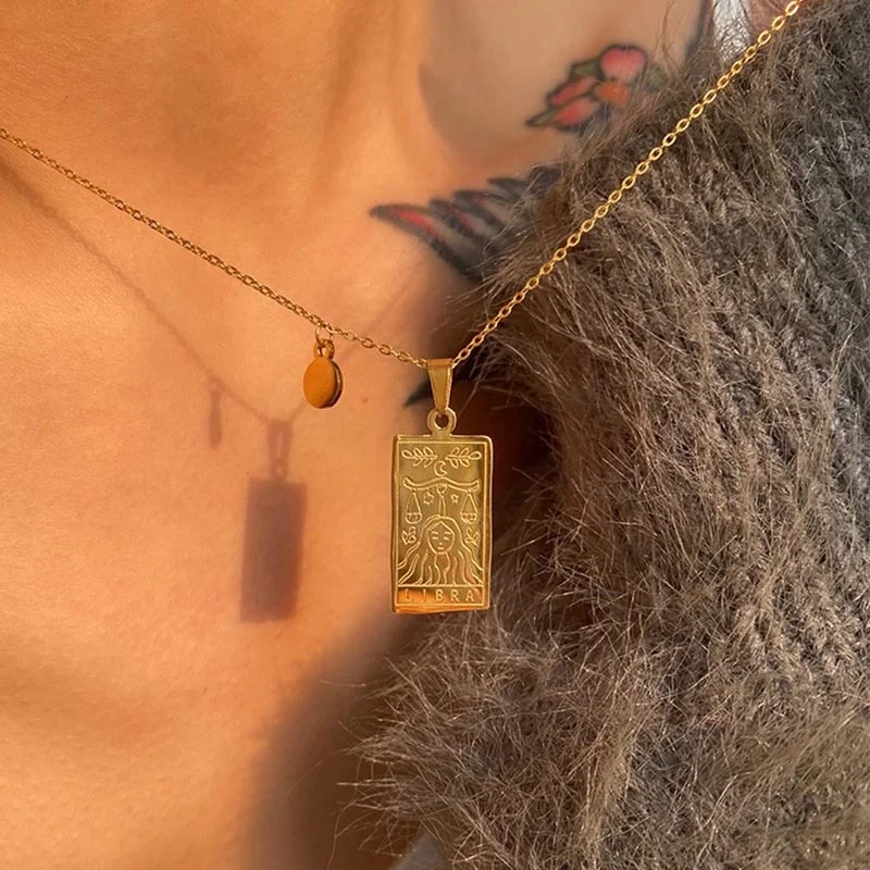 2021 New  Gold Plated astrology square engraved 12 zodiac tarot card  sign pendant necklace jewelry