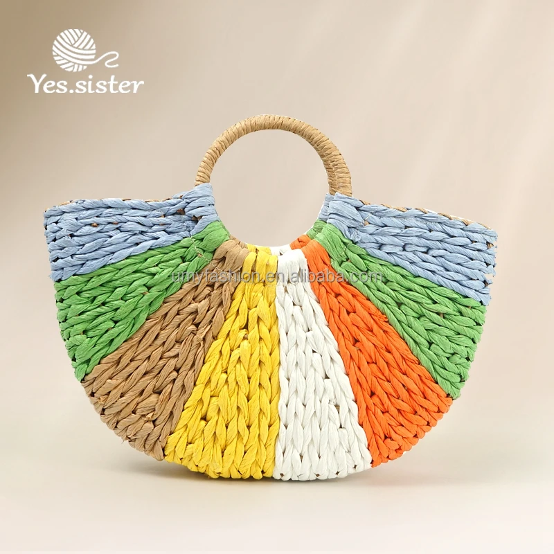 Custom Handmade Summer Fashion Knitted Beach Stripe Tote Large Color Straw Bag Crochet