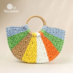 Custom Handmade Summer Fashion Knitted Beach Stripe Tote Large Color Straw Bag Crochet
