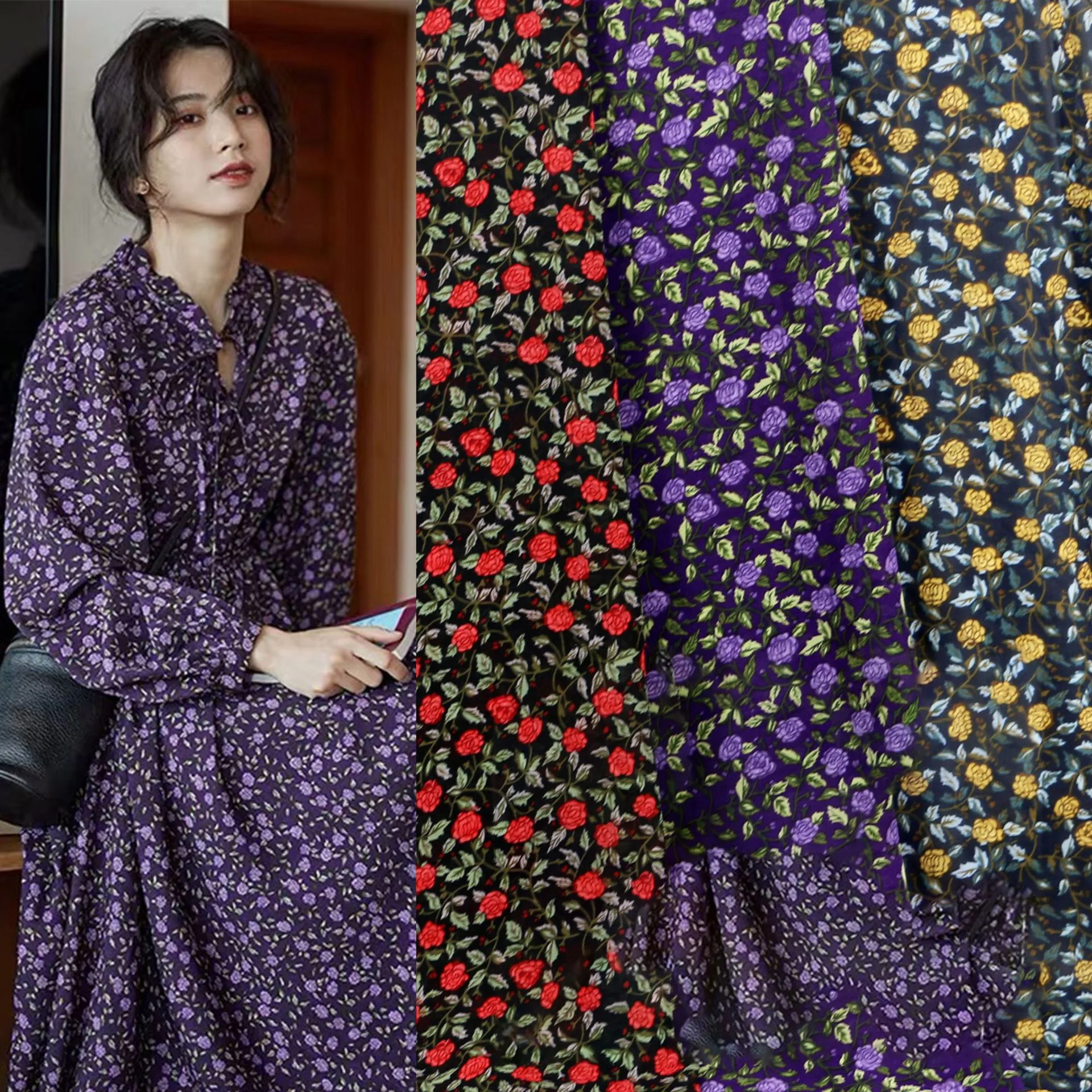 Spot Supply Fashion Korea Floral Digital Print Chiffon Polyester Fabric Print For Garment