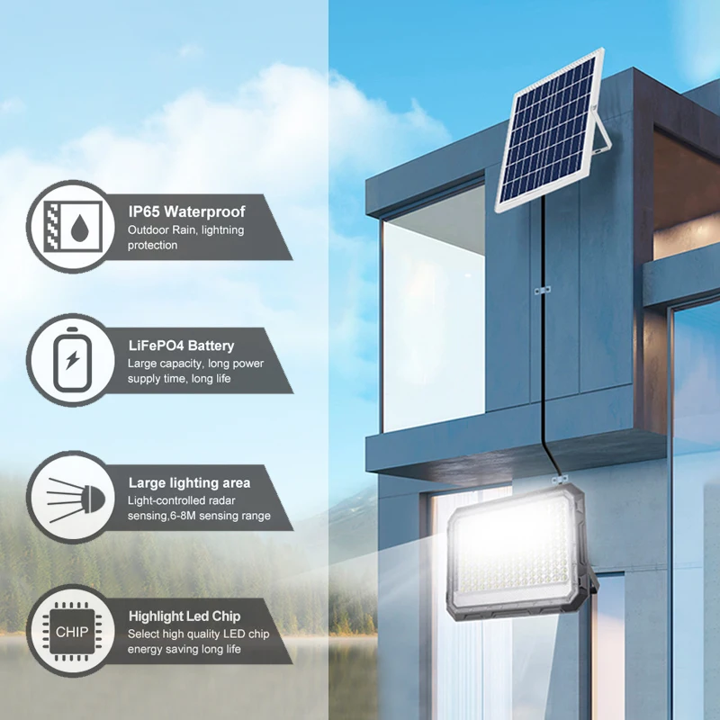 Dawn Outdoor Flood Light Projector 50w 100w 200w 300w LED Cob Remote Controlled IP65 Yard Adjustable Solar Flood Light