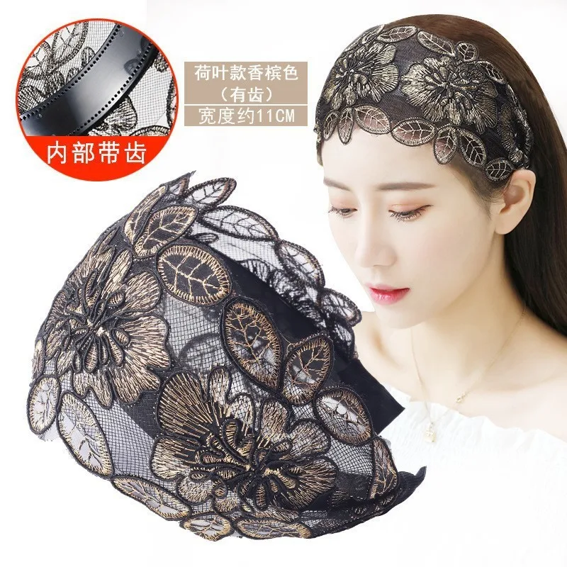 White hair band with wide edge cover female artifact pressure hair lace embroidery flower headband