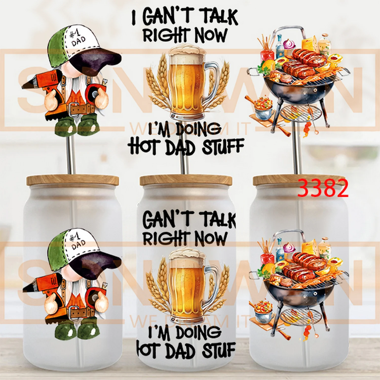 Fathers Day DIY Libby Glass Waterproof 3D UV DTF Cup Wrap Label Transfers Stickers For 16oz Cup Tumbler Mug Can Bottle Wrap