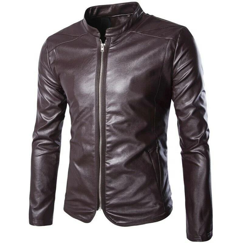 Latest Mens Long sleeve  Leather Jacket Stand collar Outdoor New