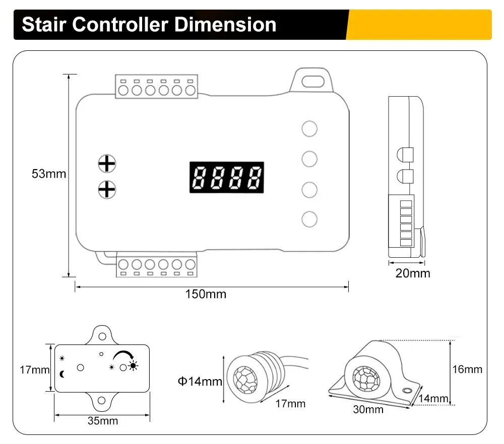 mart Pixel Led Stair Controller With Daylight PIR Sensor For WS2811 WS2818 WS2812B Led Strip DC12-24V 512 Pixel Model Pixel-1