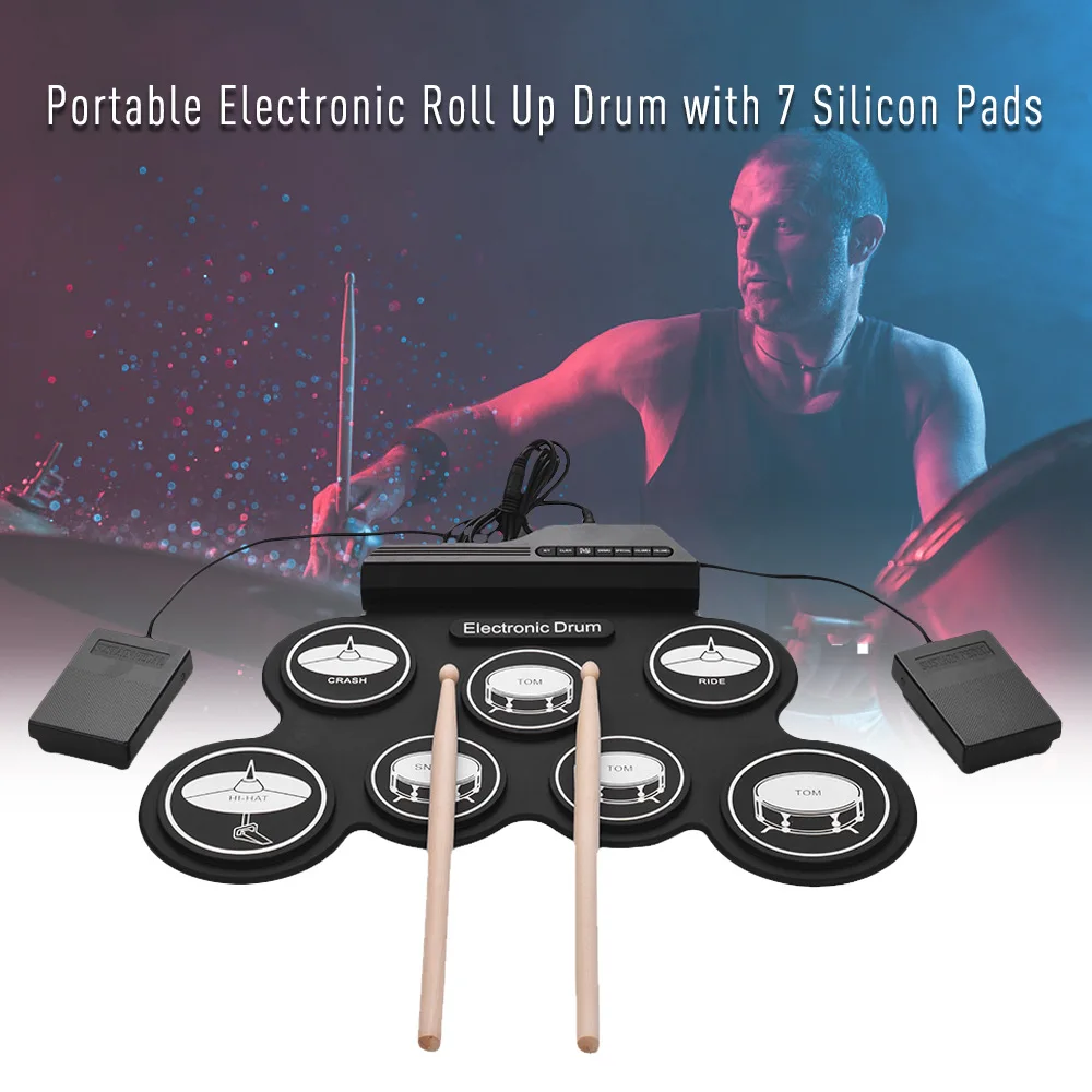 USB Roll-Up Silicon Drum Set Digital Electronic Kit 7 Pads Electronic Drum with sticks Foot Pedals for Beginners Kids