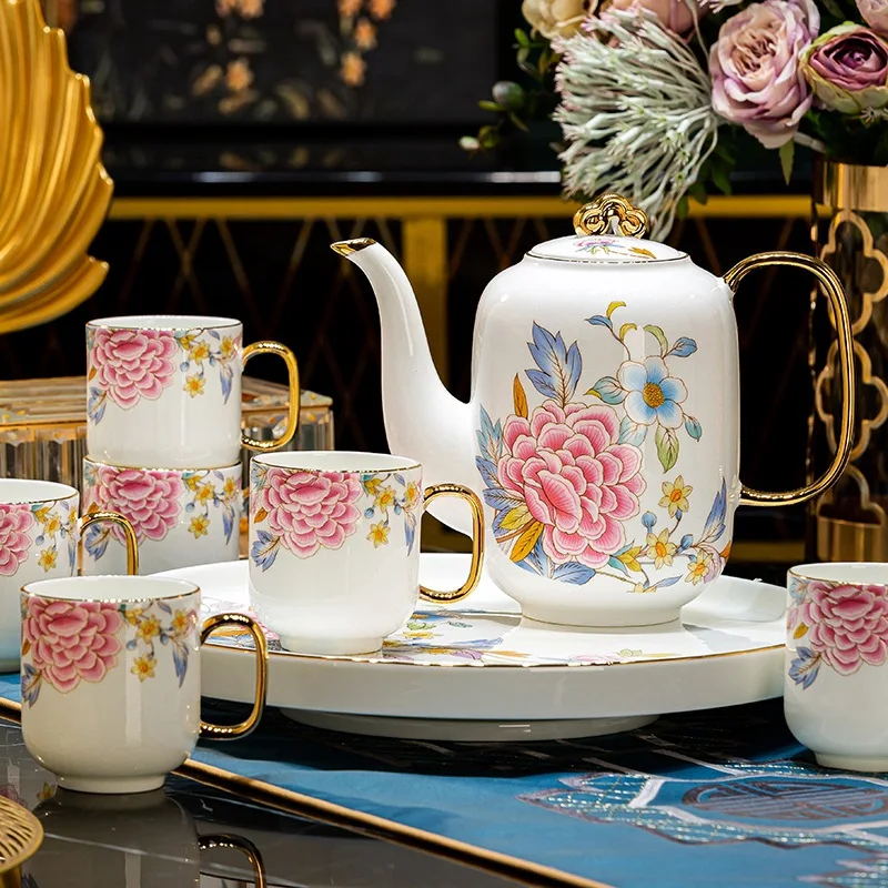 Custom Wholesale European Afternoon Tea Pot and Cups Set Luxury Gold Rim Ceramic Tea Set with Teapot