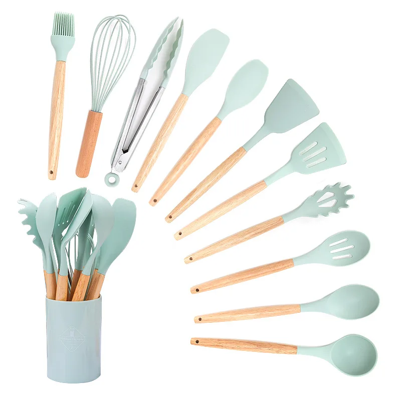 Wooden Handle Kitchen AccessoriesTool Food Grade 12  In 1 Set Kitchen cookware Utensils Silicone Kitchenware Set