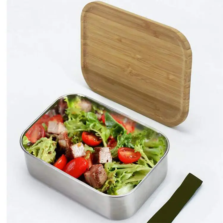Wholesale Stainless Steel Lunch Box with Bamboo Lid Portable One Compartment Custom Logo Bento Box for School Office Picnic