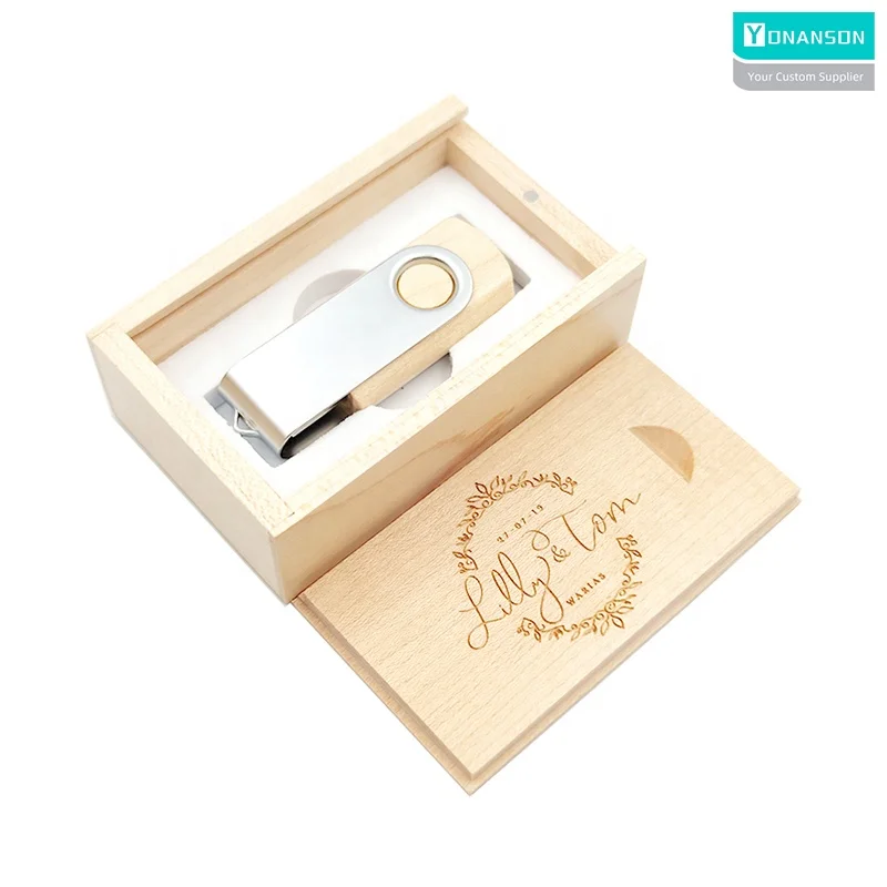 Custom Wooden Swivel USB Flash Drive 3.0 USB 2.0 Gift Box Wholesale Flash Memory USB 32GB Wood Rotating Pendrive 128gb