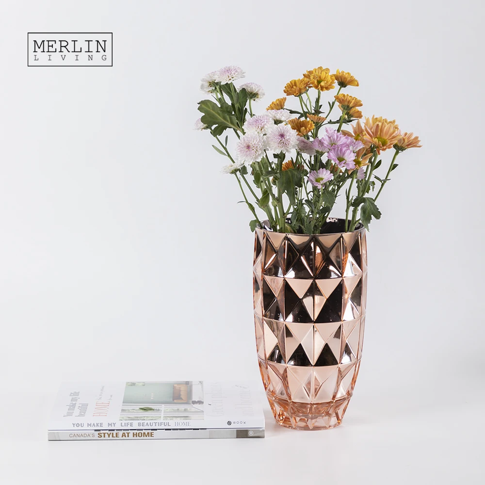 Зеркальная ваза из розового золота Merlin, роскошная стеклянная ваза с ромбовидным узором для цветов, ваза для домашнего декора