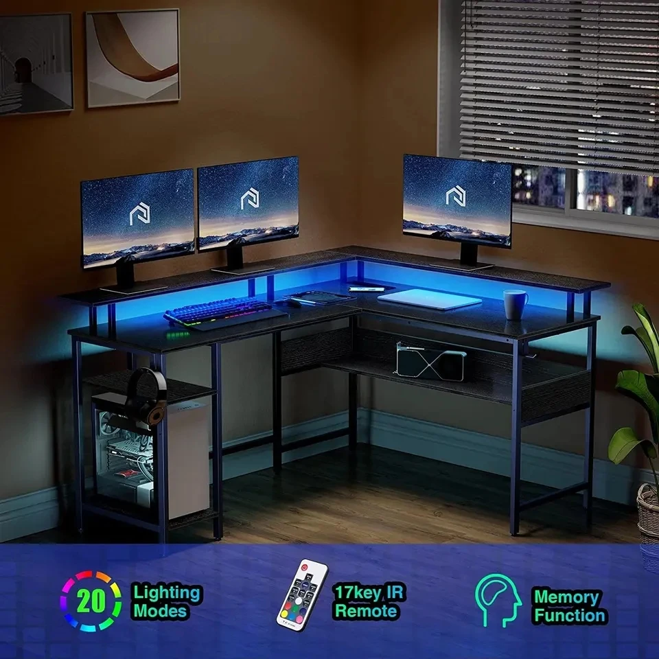 Computer Desk L Shaped with LED Strip & Power Outlets, Reversible L Shaped Computer pc desk
