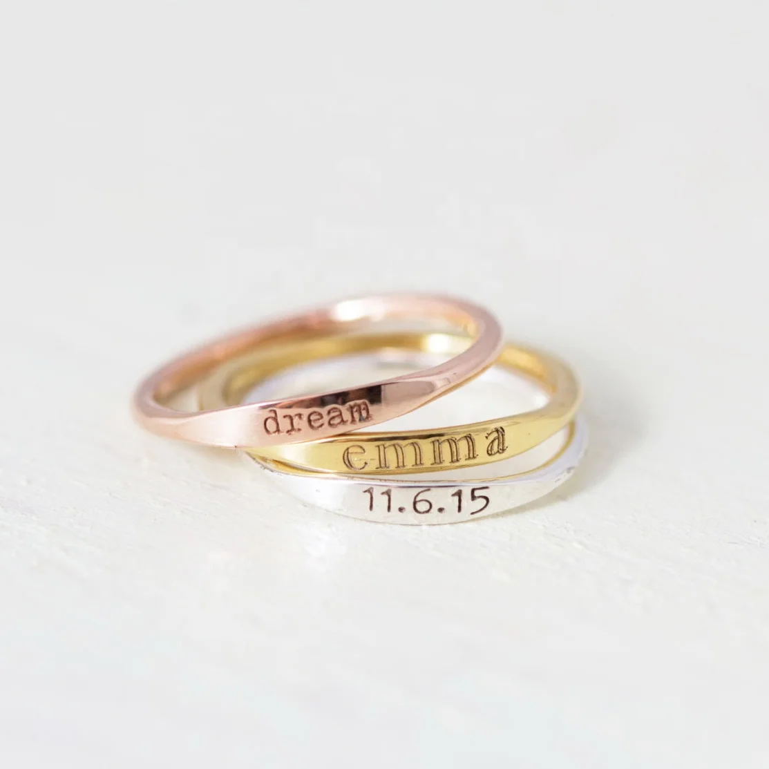 Personalised thin band  stackable engraved stamped blank custom 925 sterling silver name ring