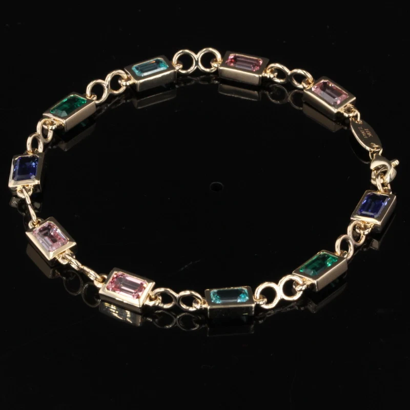 2024 hot sale multiple color gemstone bracelet 10k yellow gold 4*6mm emerald cut charms couple bracelet