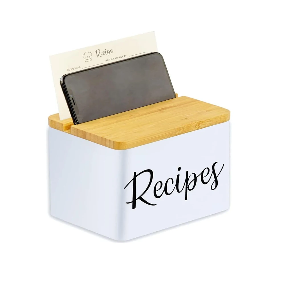 Metal Recipe Box With Cards and Dividers - White Metal Body, Wooden Lid with Phone Holder and Recipe Card Holder