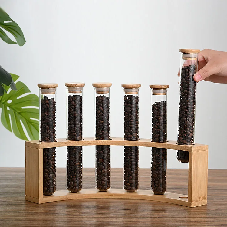 Clear Round bottom Borosilicate Glass Tube for Coffee Beans Spice Display with Airtight Bamboo Lid and Wood holder