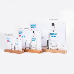 Horizontal T-shaped table card inserted into acrylic PS wooden shop advertising sign wooden display stand