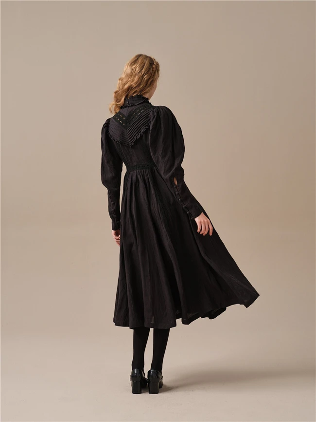 2024 Winter Vintage Custom Women White Ruffle Long Sleeve 100% Linen Midi Dress