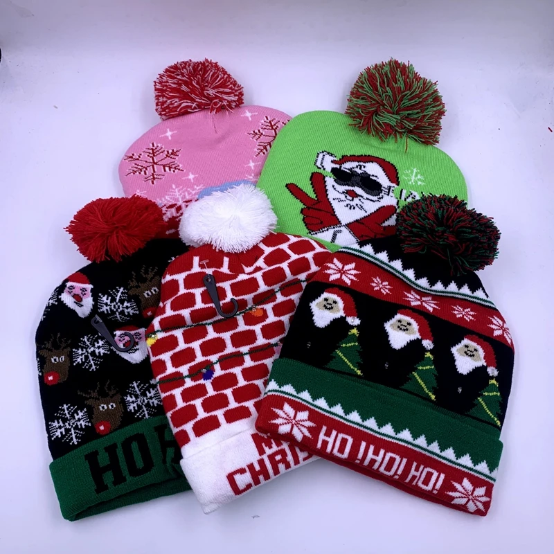 Wholesale Winter Light up kid or adult  logo Christmas SWAG Santa Festival hat  Knitted beanie caps with pompom Led lights