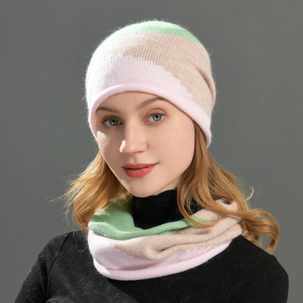 High Quality Wholesale Beanie Scarf Two Pieces Set Luxury Plain Women Warm Cashmere Wool Knitted Winter Hat Scarf Beanies Set