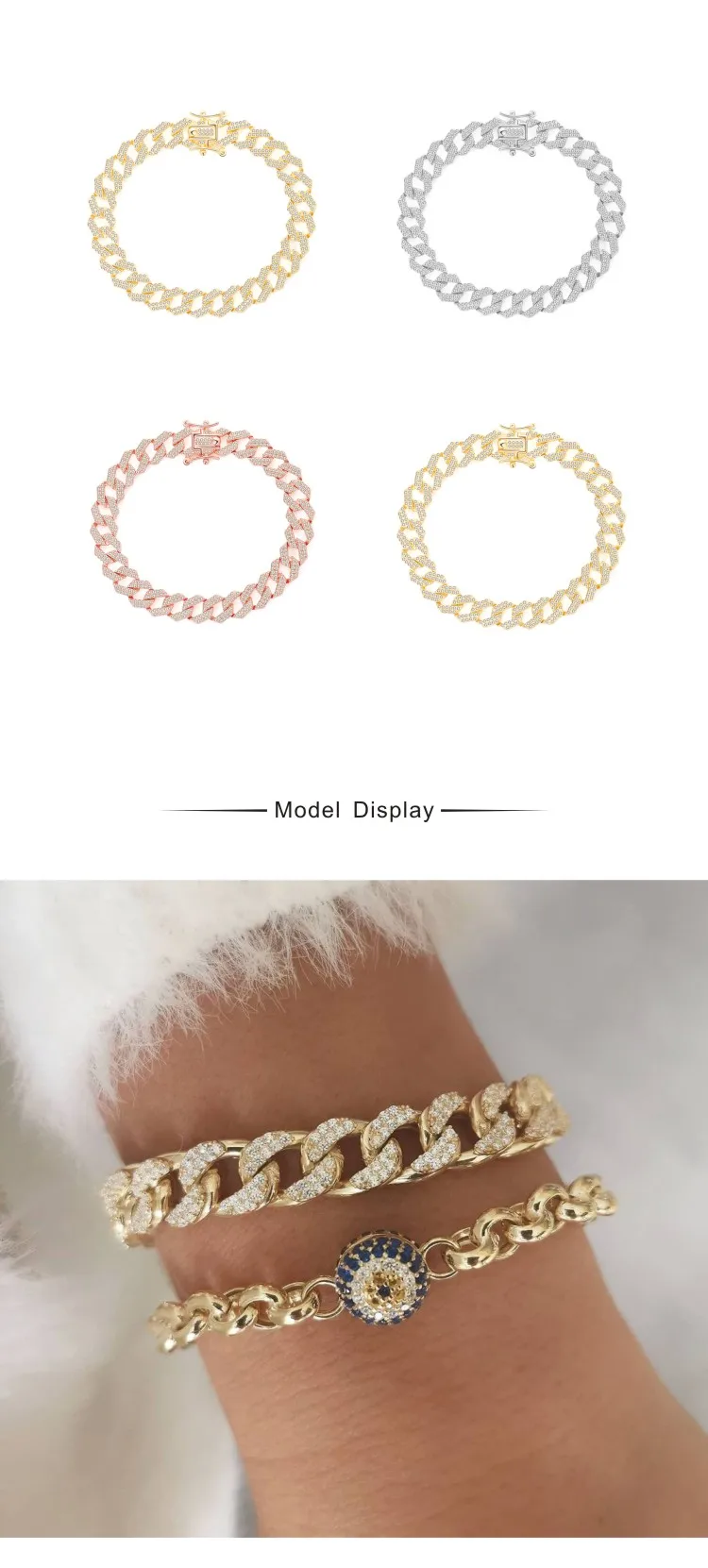 BAROLI Cuban Thick Link Chain watch Bracelet Luxury 925 silver Bracelets golden zircon Bangles Bling