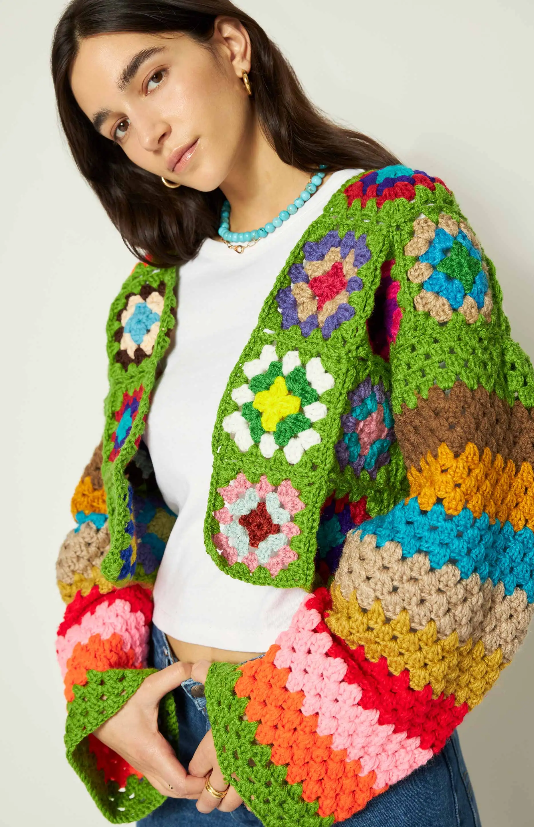 OEM & ODM Summer Custom Retro Color Hollow Out Knit Square Hand Crochet Cropped Sweater Women Cardigans