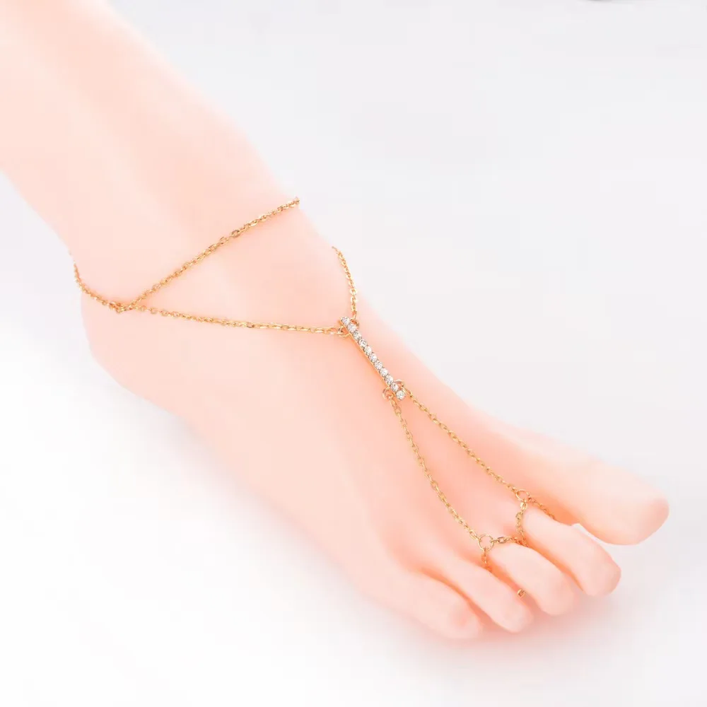 Women Fashion Minimalist Chain Foot Anklets Full Rhinestone Choker Foot Jewelry Anklet with Toe Ring